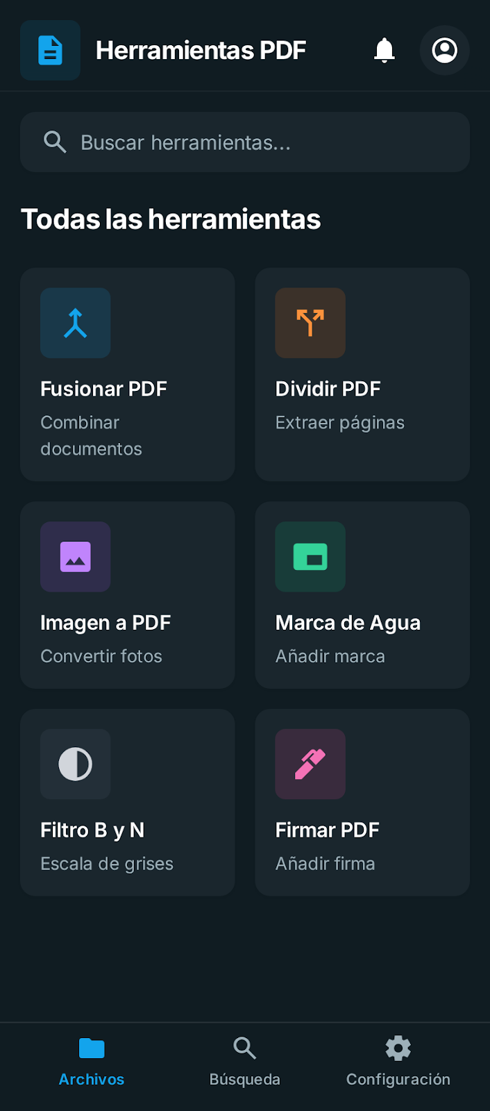 Pantalla de herramientas PDF - Modo oscuro